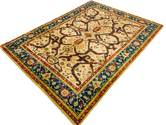 6x8 Ivory and Blue Turkish Oushak Rug