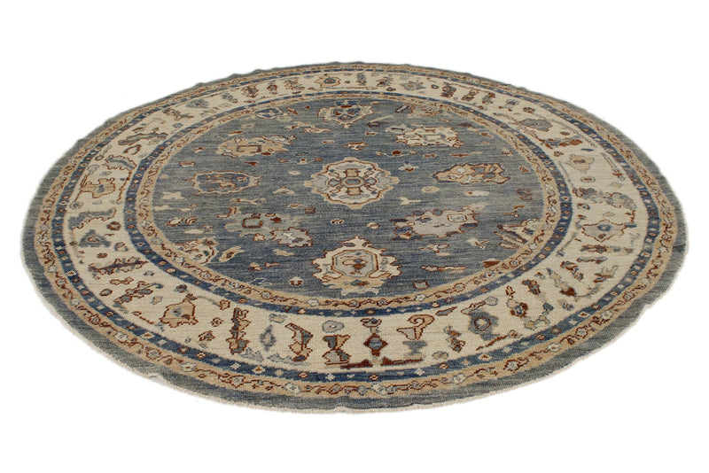 8x8 Blue and Ivory Turkish Oushak Rug