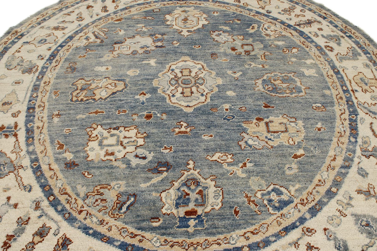 8x8 Blue and Ivory Turkish Oushak Rug