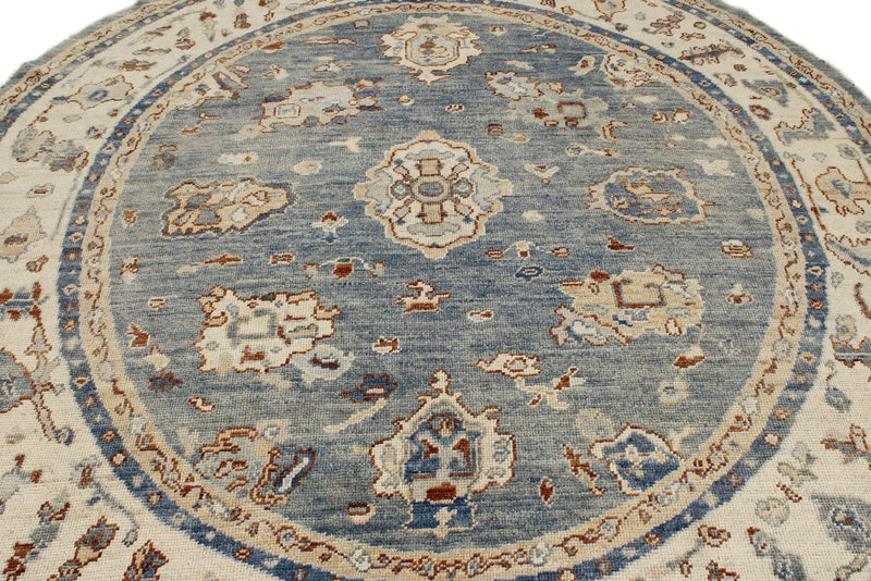 8x8 Blue and Ivory Turkish Oushak Rug