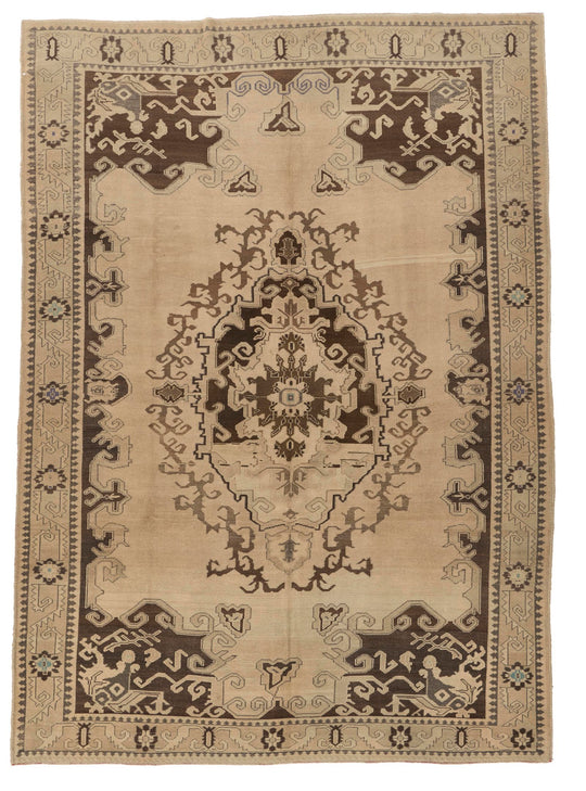 7x10 Ivory and Black Turkish Tribal Rug