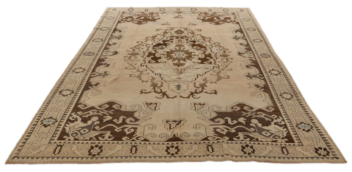 7x10 Ivory and Black Turkish Tribal Rug
