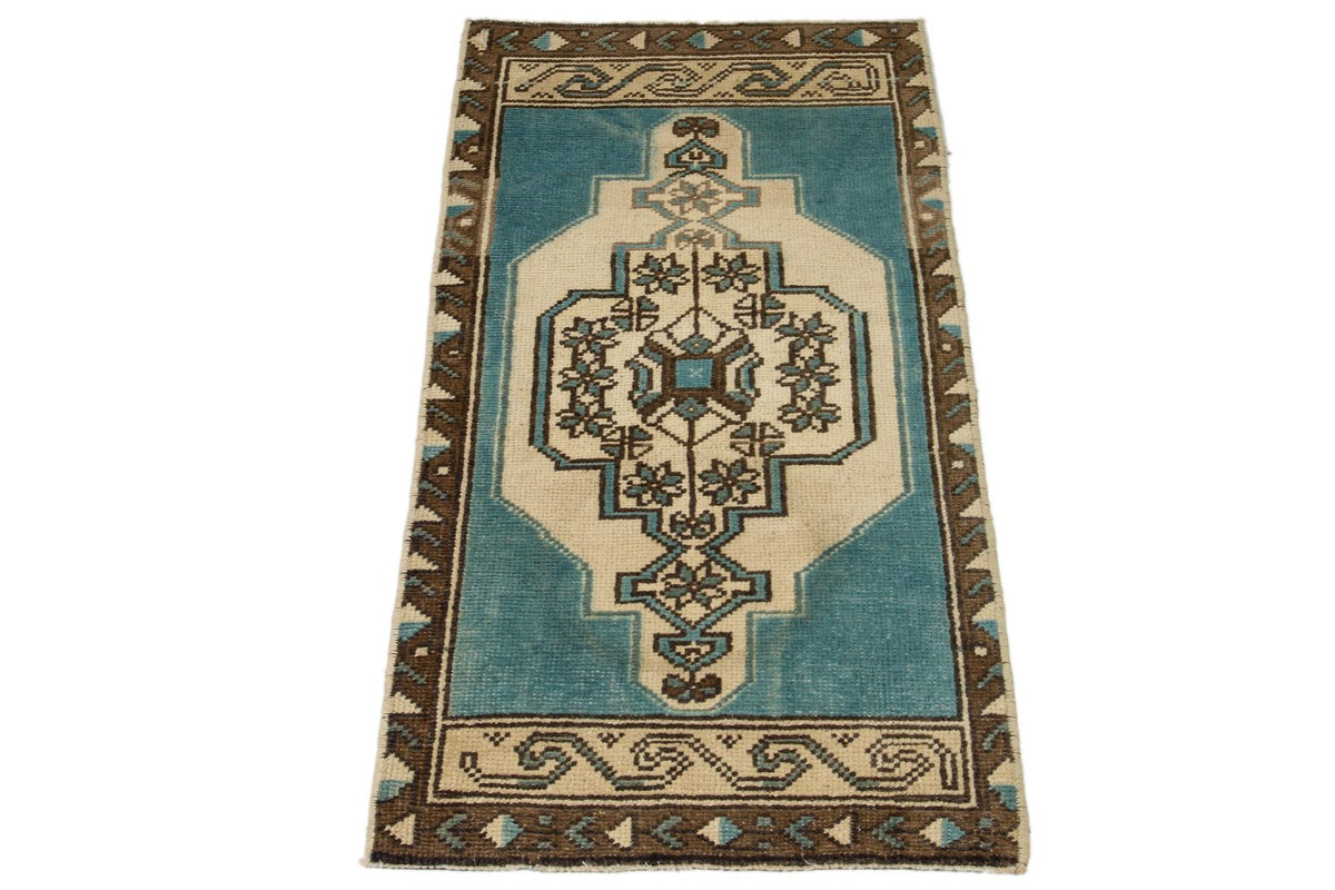 2x3 Blue and Ivory Turkish Tribal Rug