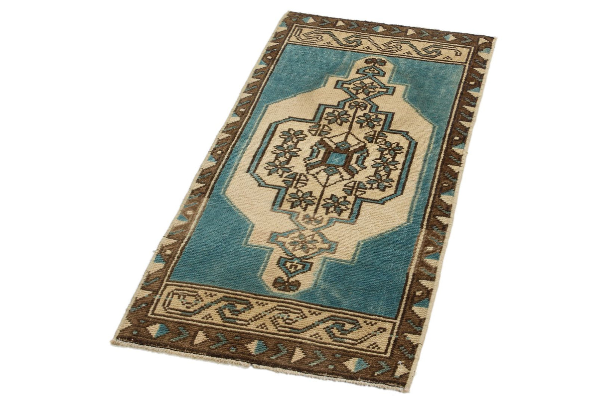 2x3 Blue and Ivory Turkish Tribal Rug