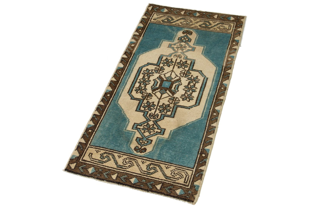 2x3 Blue and Ivory Turkish Tribal Rug