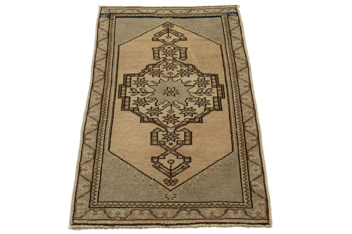 2x3 Ivory and Brown Turkish Tribal Rug
