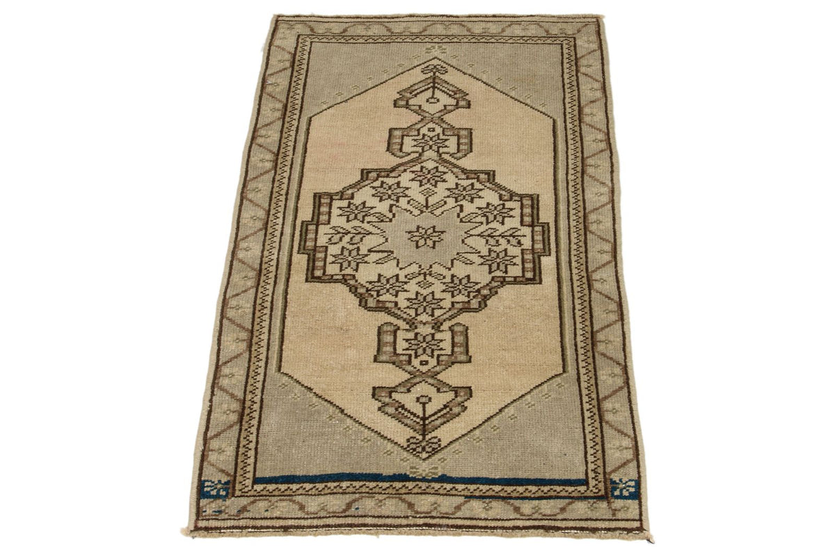 2x3 Ivory and Brown Turkish Tribal Rug