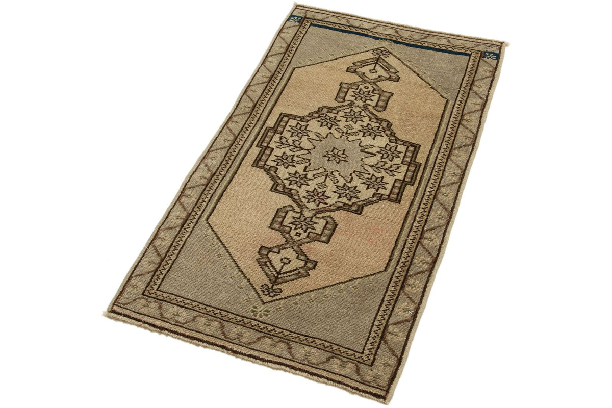 2x3 Ivory and Brown Turkish Tribal Rug