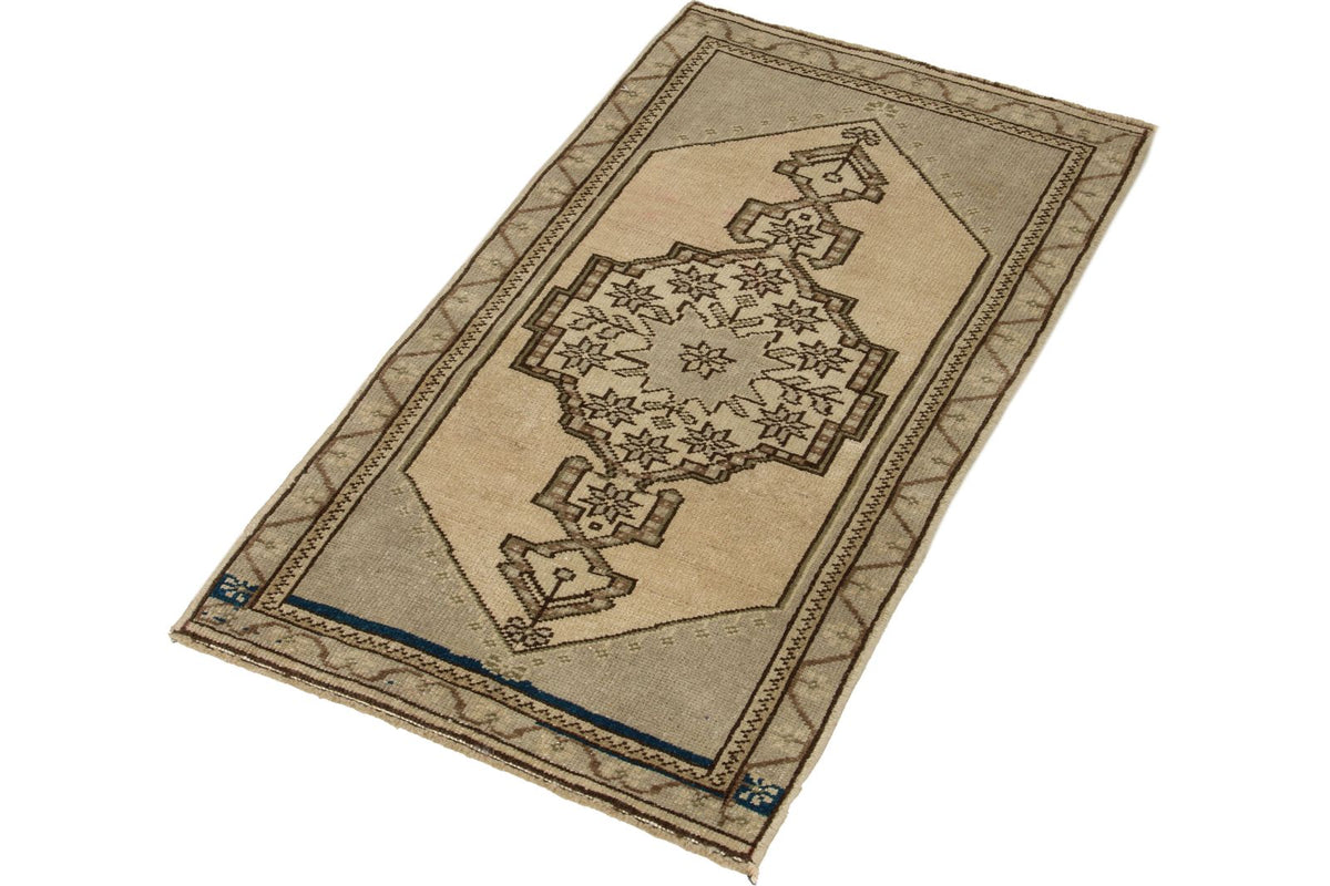 2x3 Ivory and Brown Turkish Tribal Rug
