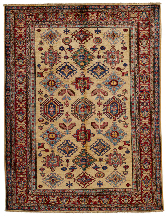 6x8 Ivory and Red Kazak Tribal Rug