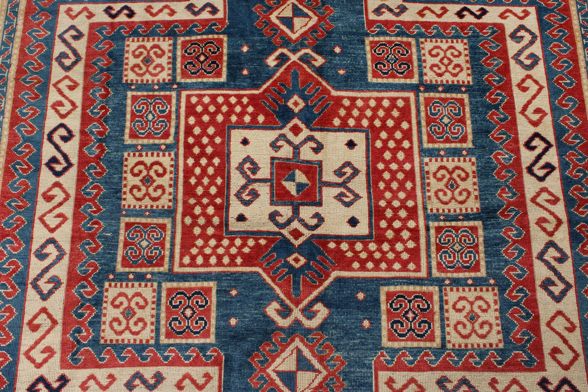 7x9 Multicolor and Ivory Kazak Tribal Rug