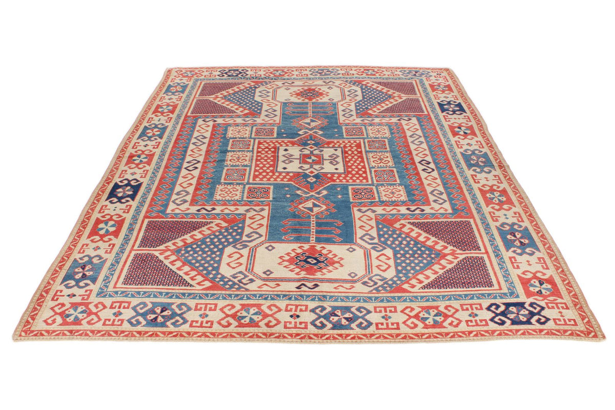 7x9 Multicolor and Ivory Kazak Tribal Rug