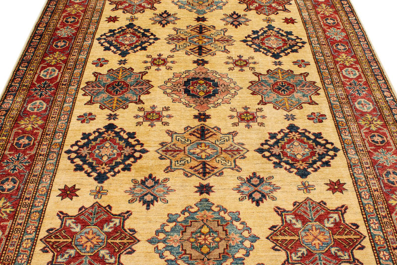 6x8 Ivory and Red Kazak Tribal Rug