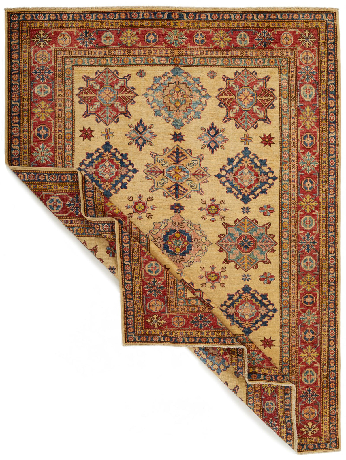 6x8 Ivory and Red Kazak Tribal Rug