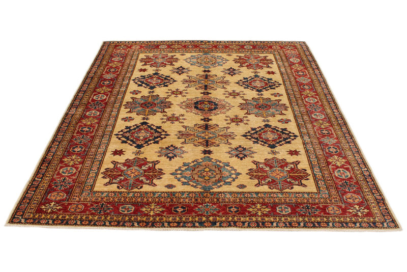 6x8 Ivory and Red Kazak Tribal Rug