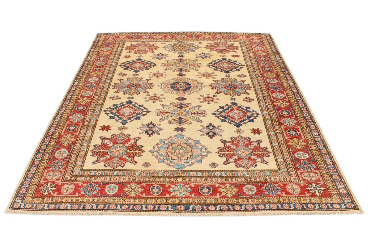 6x8 Ivory and Red Kazak Tribal Rug