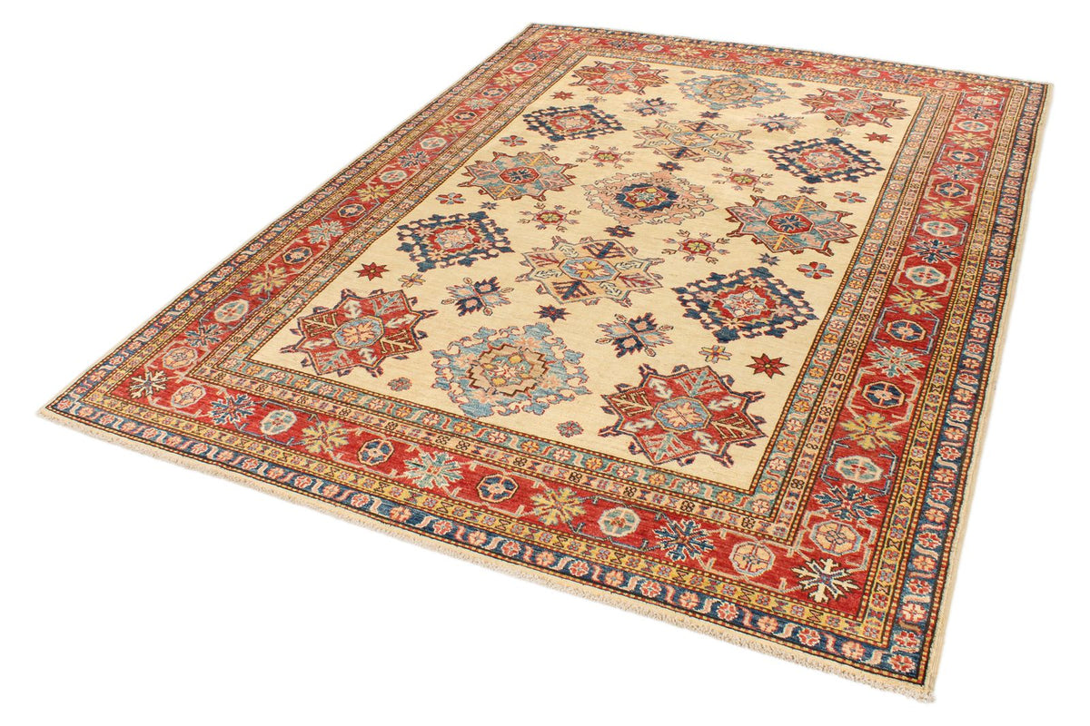 6x8 Ivory and Red Kazak Tribal Rug