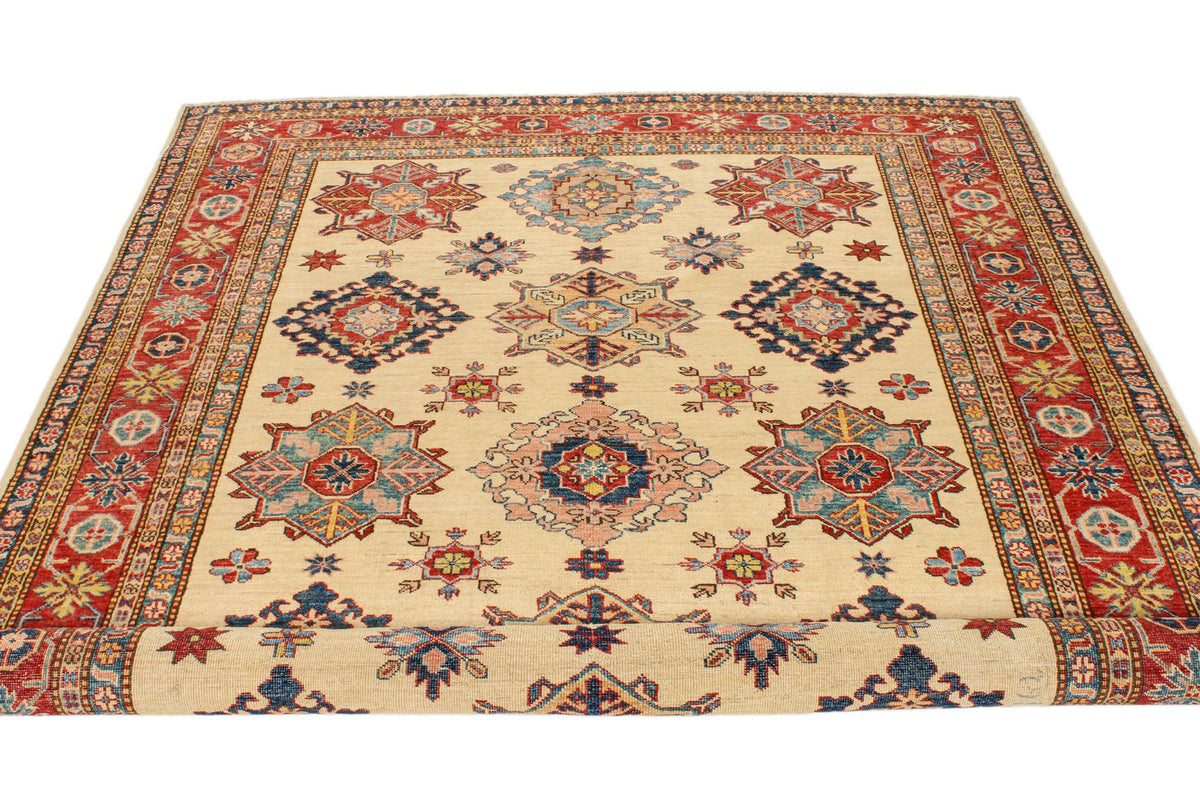 6x8 Ivory and Red Kazak Tribal Rug