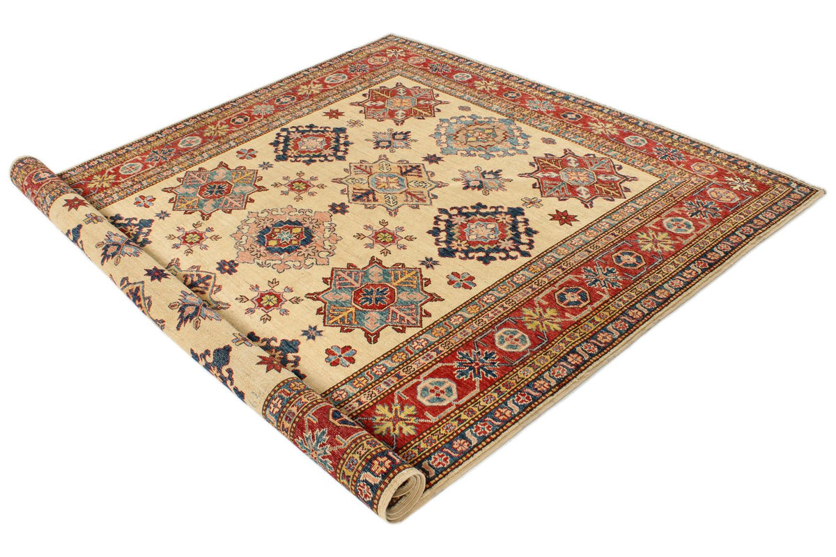 6x8 Ivory and Red Kazak Tribal Rug