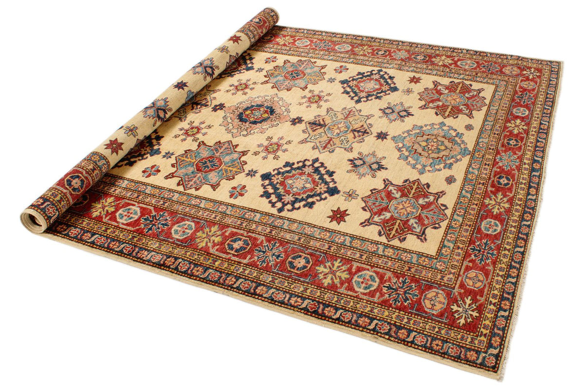6x8 Ivory and Red Kazak Tribal Rug