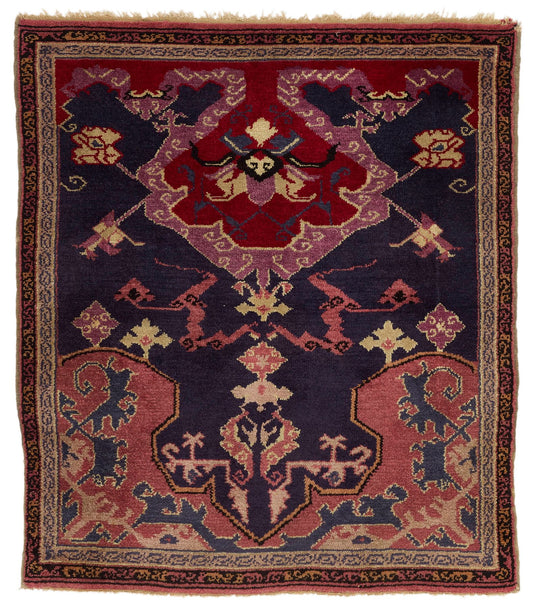4x4 Navy and Red Anatolian Tribal Rug