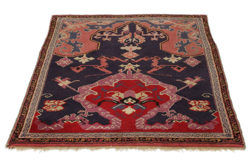 4x4 Navy and Red Anatolian Tribal Rug