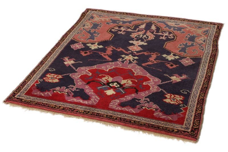 4x4 Navy and Red Anatolian Tribal Rug