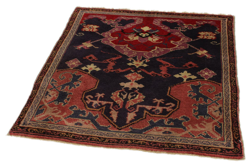 4x4 Navy and Red Anatolian Tribal Rug