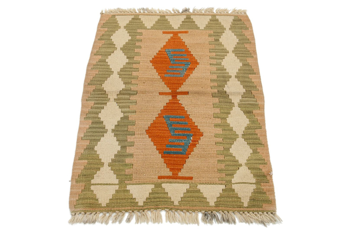 2x3 Orange and Green Turkish Tribal Rug