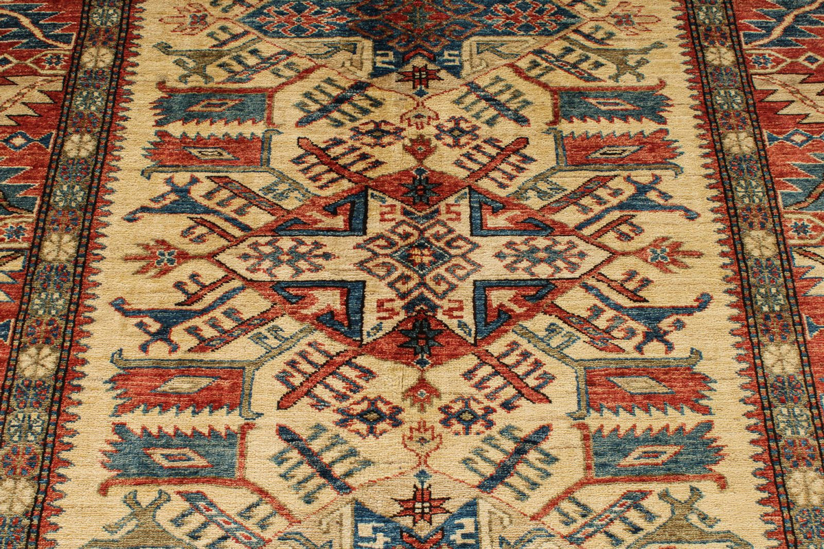5x6 Beige and Red Kazak Tribal Rug