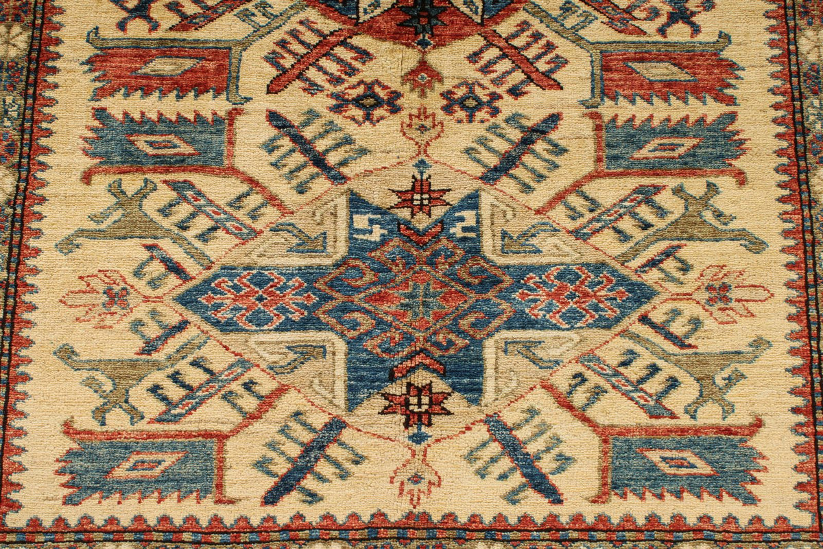 5x6 Beige and Red Kazak Tribal Rug