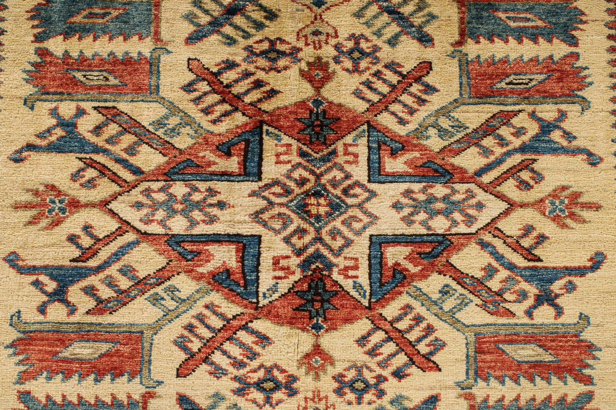 5x6 Beige and Red Kazak Tribal Rug