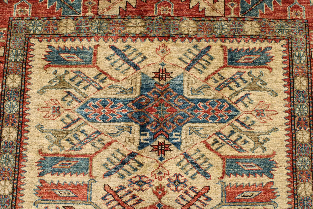5x6 Beige and Red Kazak Tribal Rug
