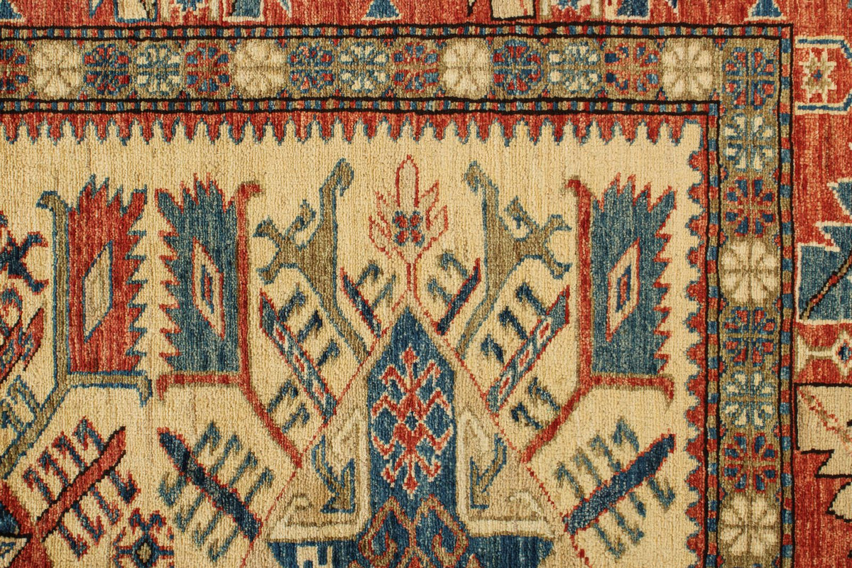 5x6 Beige and Red Kazak Tribal Rug