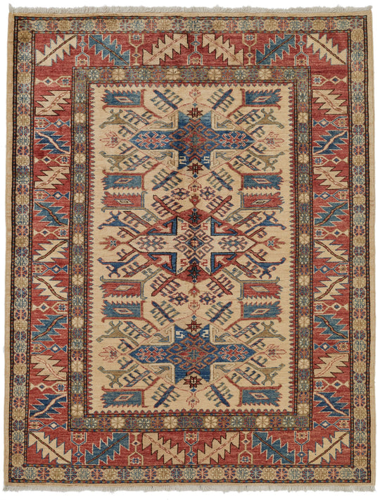 5x6 Beige and Red Kazak Tribal Rug