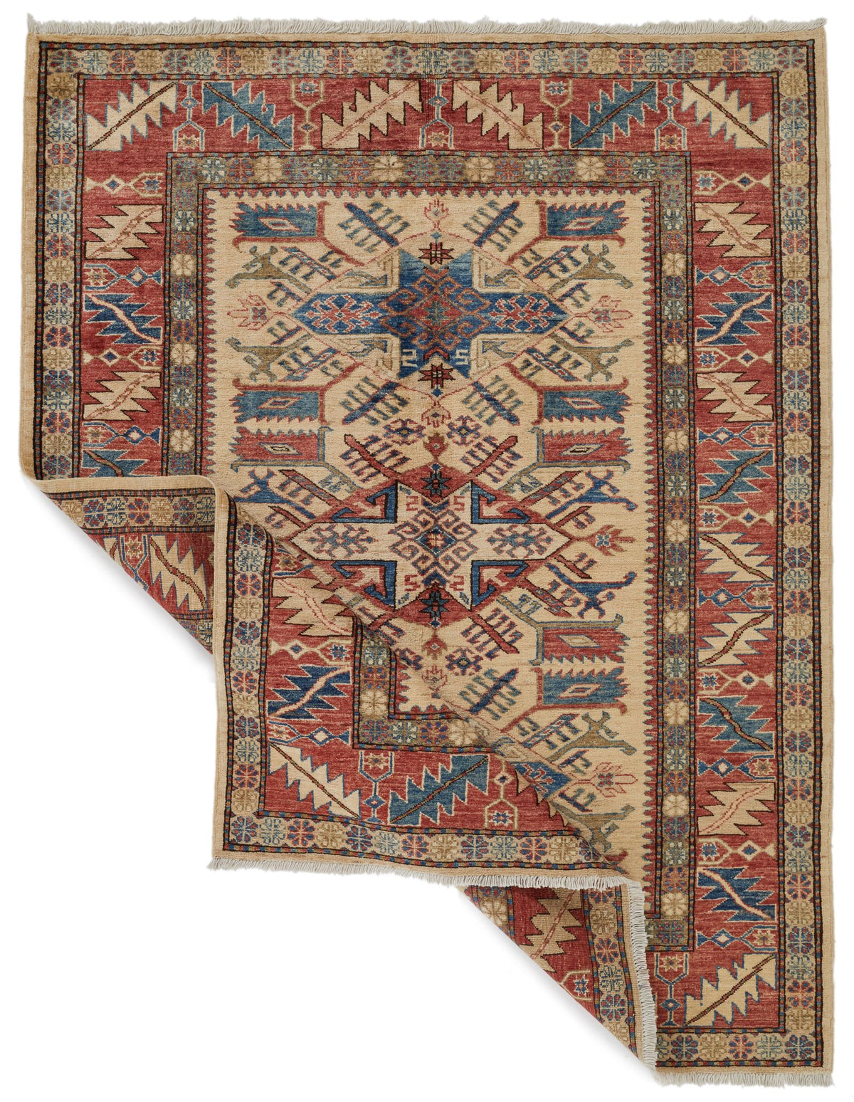5x6 Beige and Red Kazak Tribal Rug