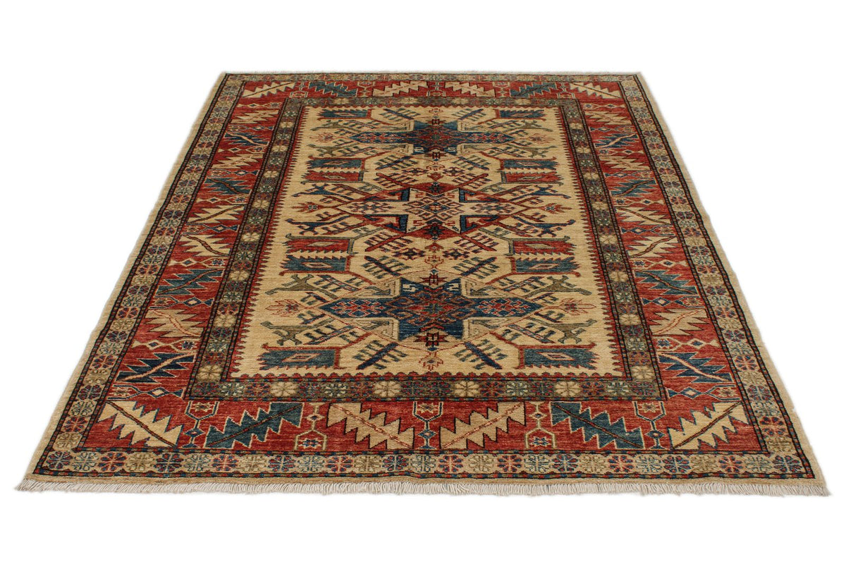 5x6 Beige and Red Kazak Tribal Rug
