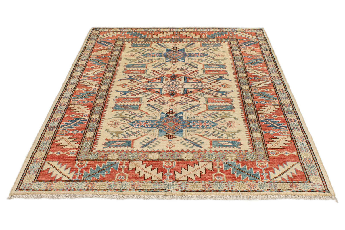 5x6 Beige and Red Kazak Tribal Rug