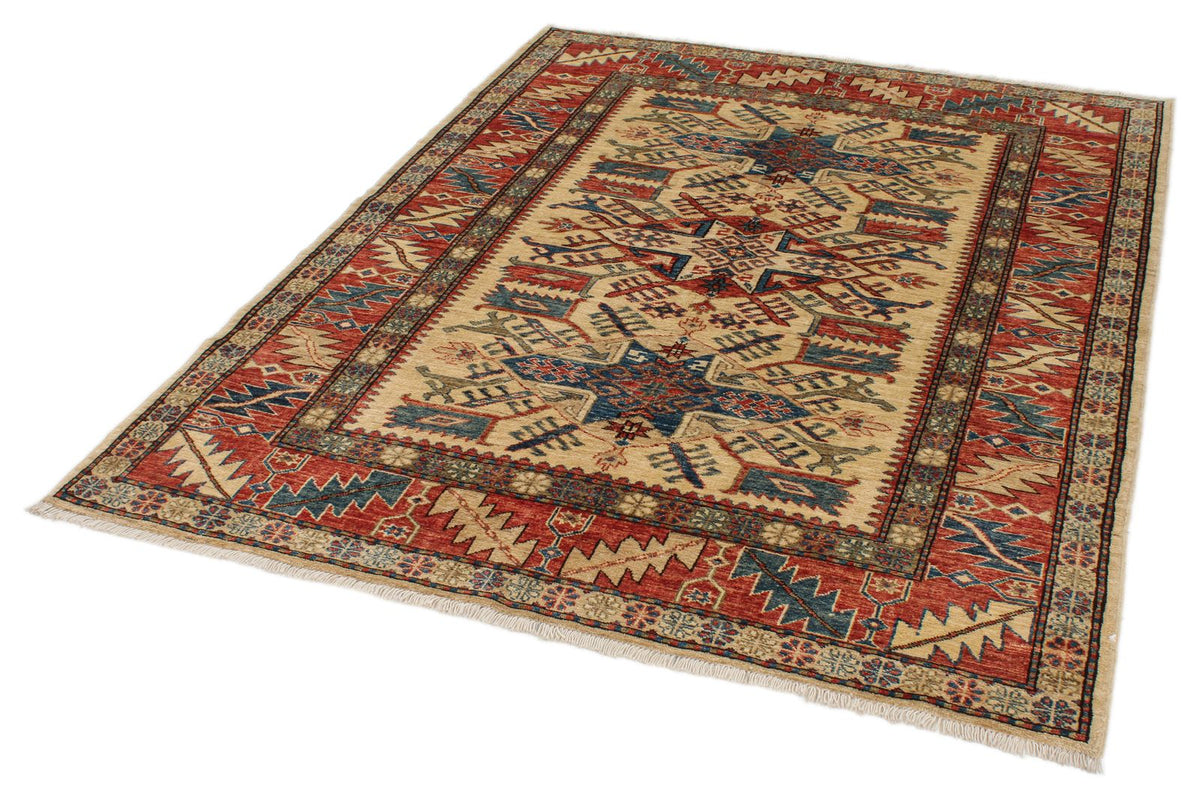 5x6 Beige and Red Kazak Tribal Rug