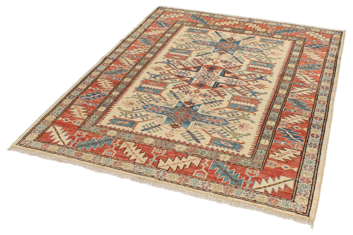 5x6 Beige and Red Kazak Tribal Rug