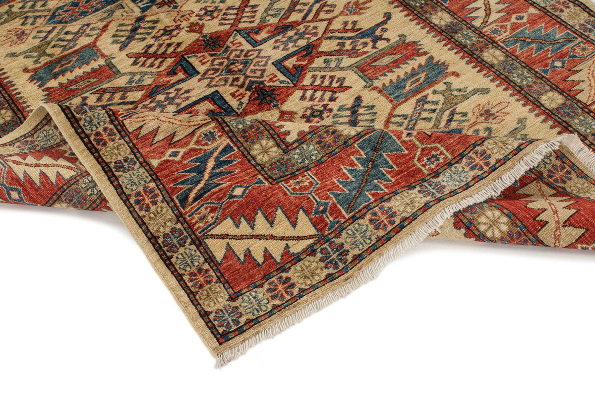 5x6 Beige and Red Kazak Tribal Rug