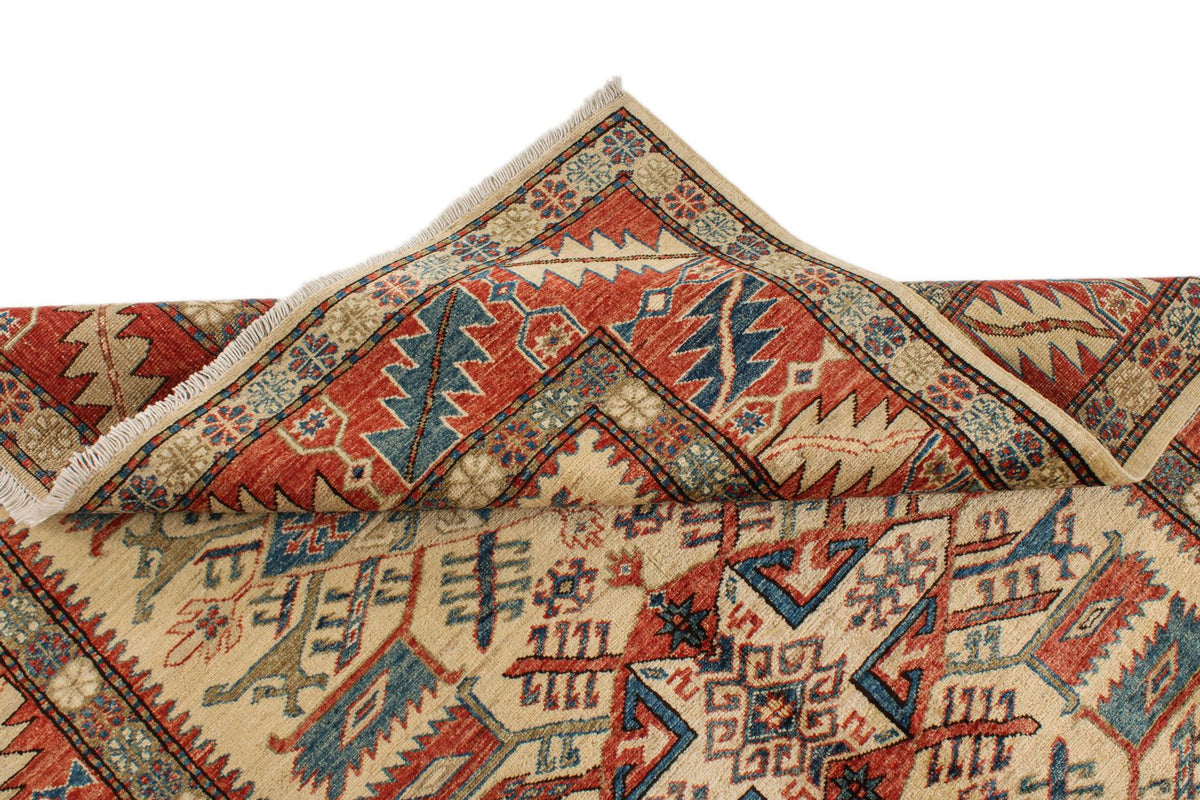 5x6 Beige and Red Kazak Tribal Rug