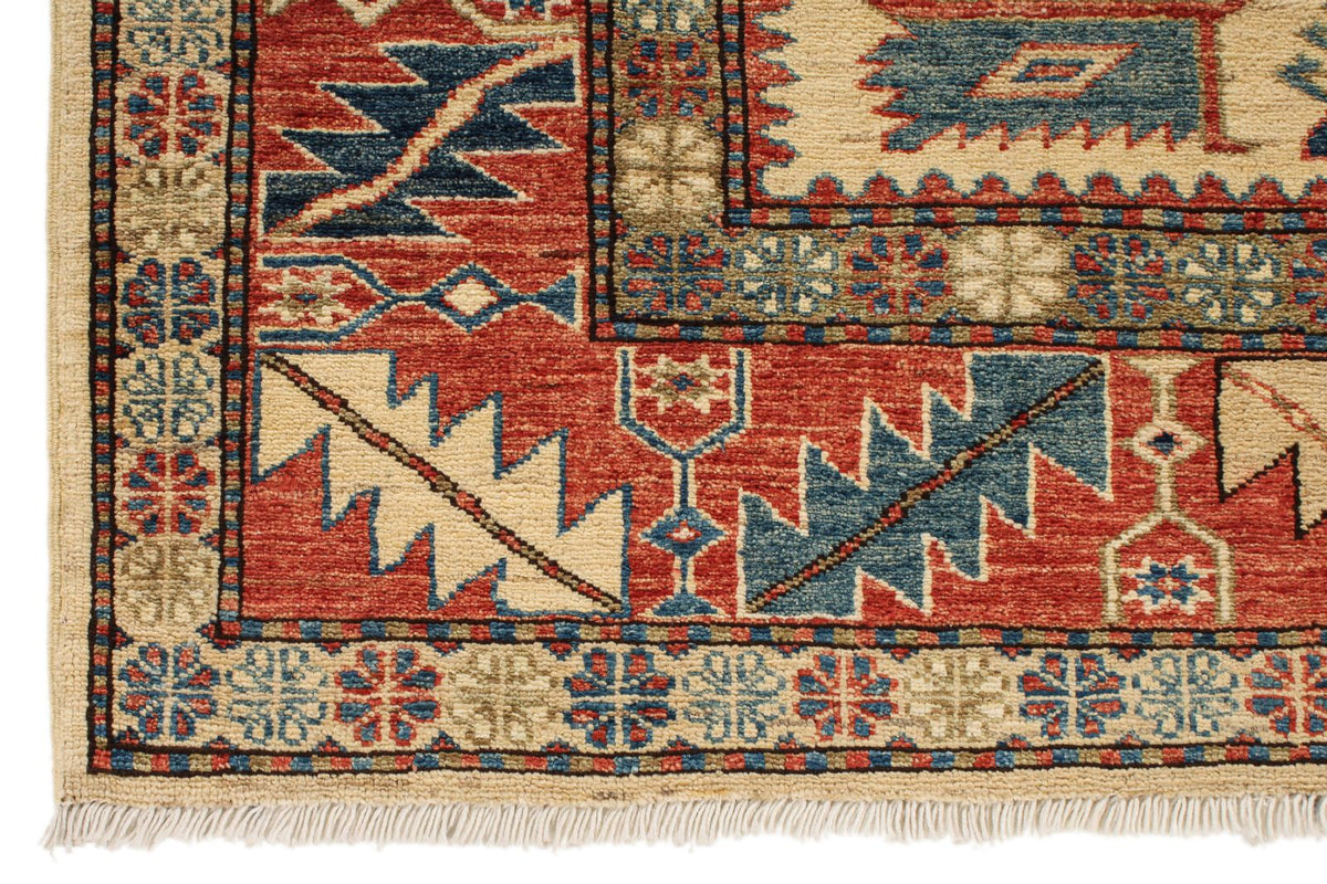 5x6 Beige and Red Kazak Tribal Rug