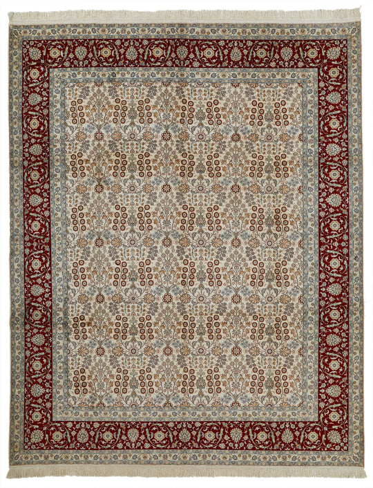8x10 Ivory and Red Turkish Silk Rug