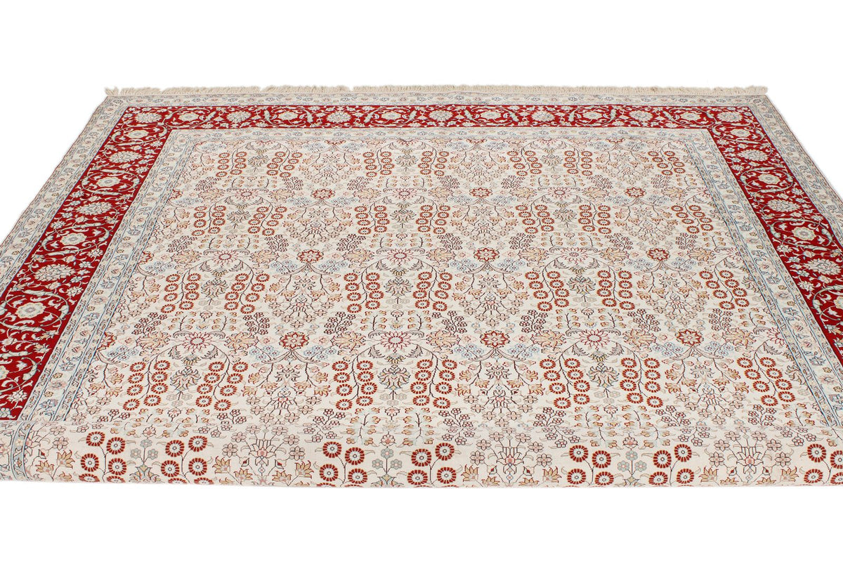 8x10 Ivory and Red Turkish Silk Rug