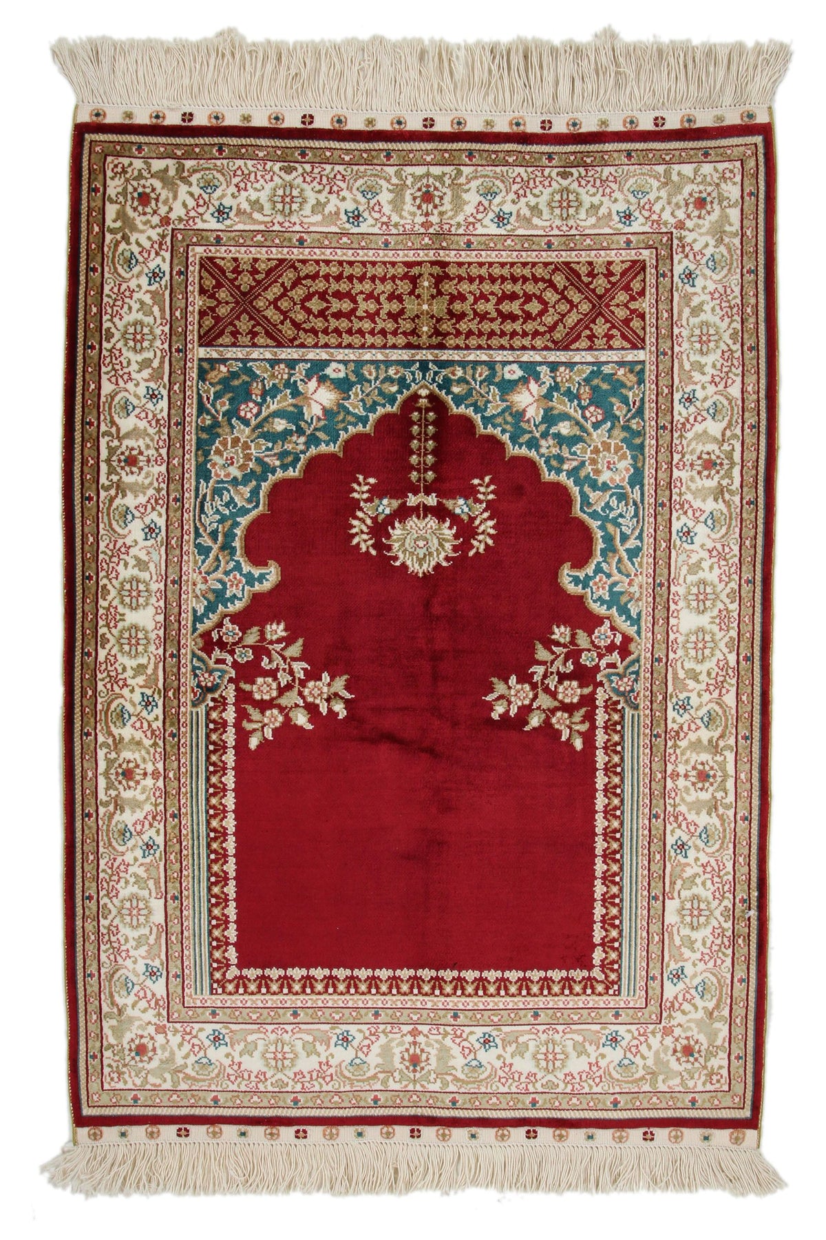 2x3 Red and Ivory Turkish Silk Rug