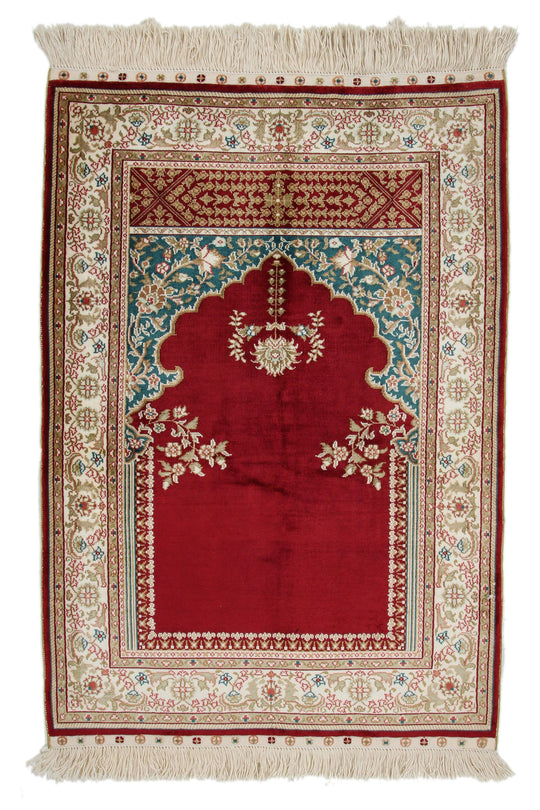 2x3 Red and Ivory Turkish Silk Rug