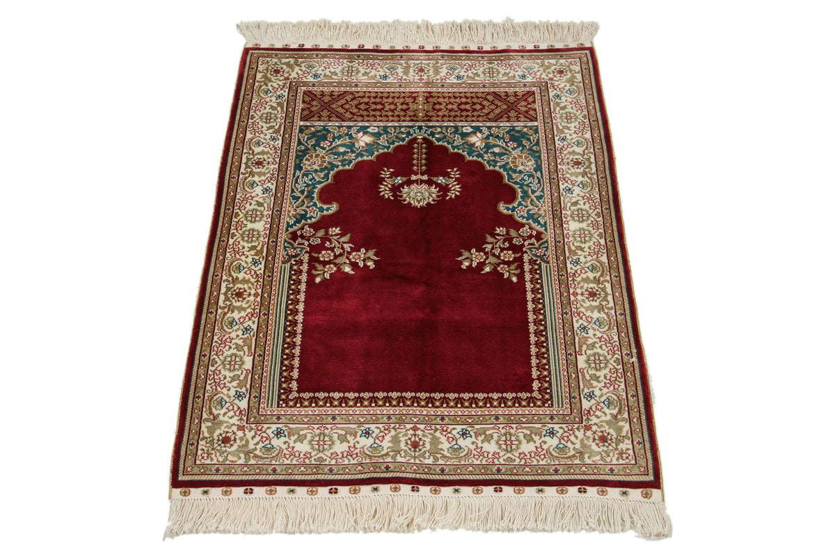 2x3 Red and Ivory Turkish Silk Rug