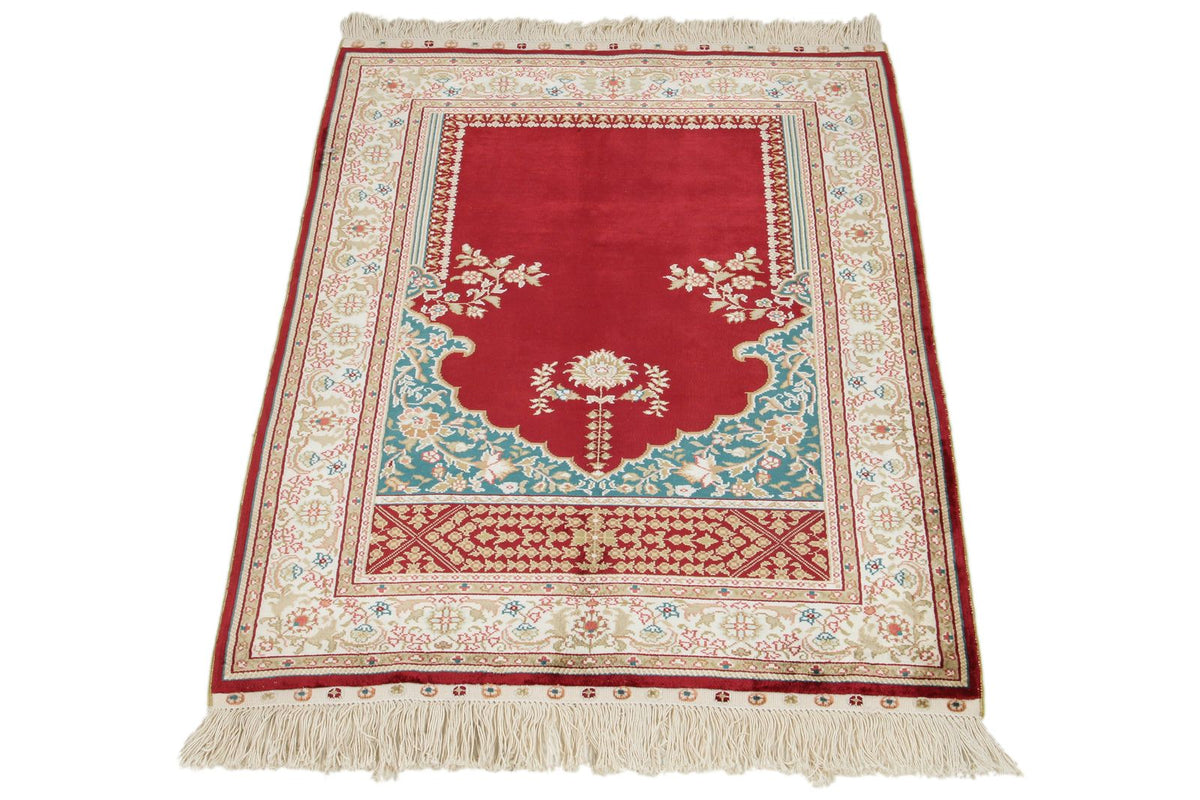 2x3 Red and Ivory Turkish Silk Rug