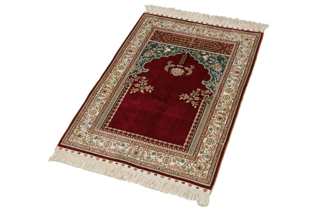 2x3 Red and Ivory Turkish Silk Rug
